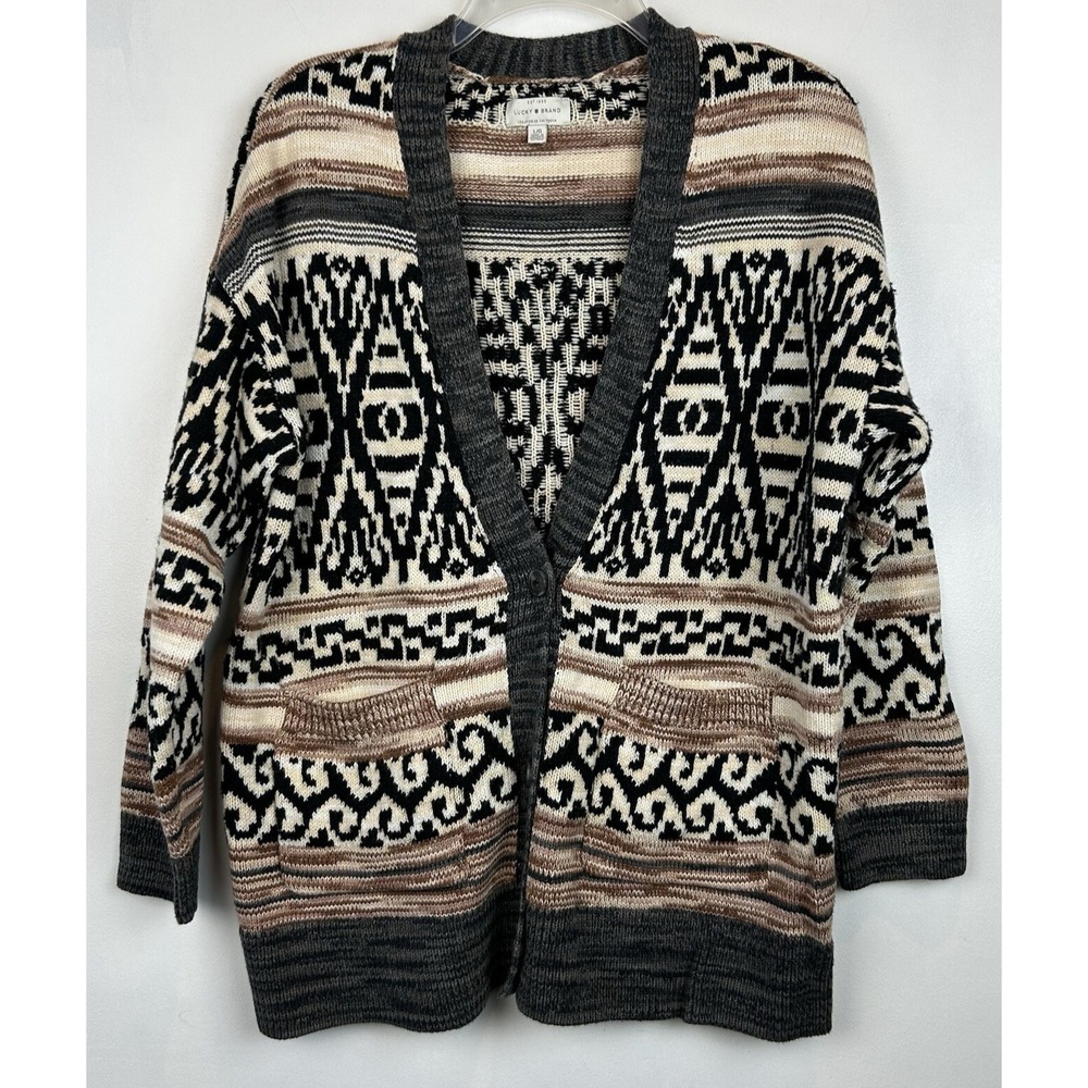 Lucky Brand Sweater Women Large Cardigan Button Southwestern Aztec Print Pockets